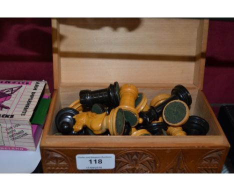 A Staunton pattern chess set in carved sandalwood box