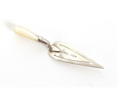 A silver bookmark in the form of a miniature trowel, with mother of pearl handle, Hallmarked Birmingham 1910