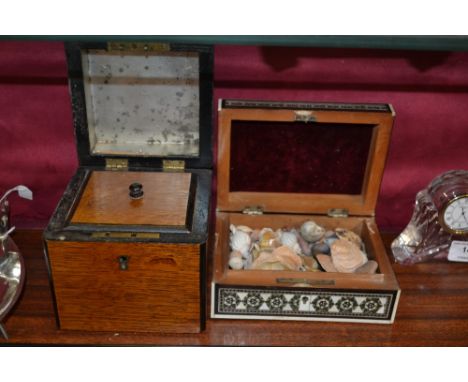A Victorian oak single compartment tea caddy; together with an eastern inlaid trinket box containing sea shells