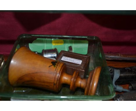 A cased set of miniature ivory and ebony dominoes; a chrome pedestal table lighter; and an olive wood Jerusalem beaker