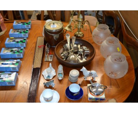 A large oriental fan; a brass three branch light fitting; an oak and plate mounted ice bucket etc.