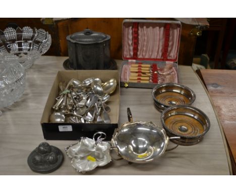 Two silver plated coasters, various cutlery, a caddy etc.