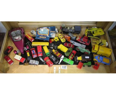 Shelf of diecast models to include Matchbox & Corgi