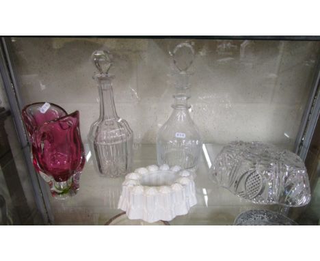 Shelf of china & glass to include Shelley jelly mould, Russian glass vase, decanters etc