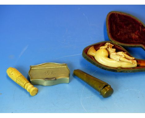 A MEERSHAUM PIPE, A CHEROOT HOLDER, A NICKLE SNUFF BOX AND AN IVORY SEAL 