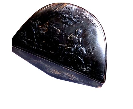 A 19TH CENTURY HORN SNUFF BOX OF NAPOLEAN HAT FORM AND DECORATED WITH NAPOLEON AT ST HELENA. TOGETHER WITH A BRASS MOUNTED SN