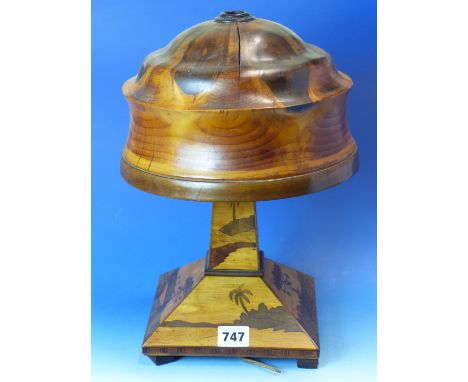 A VINTAGE EARLY 20th.C. INLAID SPECIMEN WOOD COLONIAL TABLE LAMP WITH DOME SHADE. LANDSCAPE DECORATED SQUARE BASE.  H. 37cms.