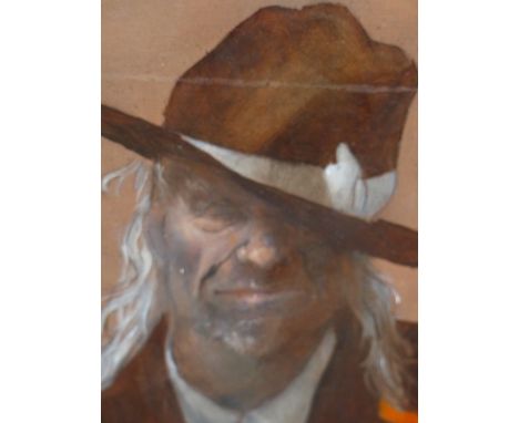 COLIN FROOMS.  (1933-2017)  ARR.   PORTRAIT IN OLD BROWN SUIT, OIL ON PANEL.   27 x 35cms