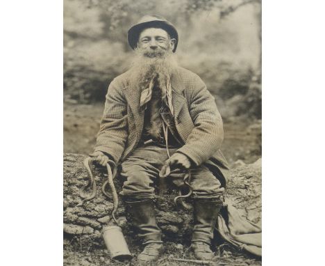 A VINTAGE PORTRAIT PHOTOGRAPH  OF "BRUSHER MILLS", BRITAIN'S LAST PROFESSIONAL SNAKE CATCHER, A VICTORIAN CELEBRITY.  37 x 29