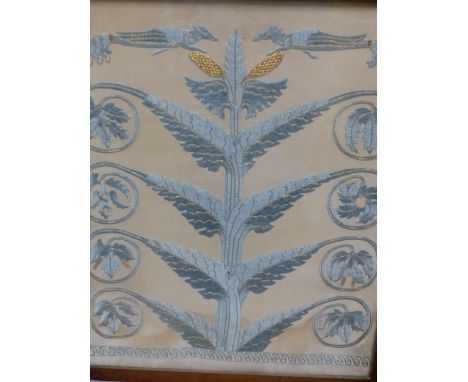 AN ARTS AND CRAFTS SILKWORK PANEL OF STYLISED FOLIATE MOTIFS MOUNTED AS A FIRESCREEN, TOGETHER WITH AN UNFRAMED PANEL (2).