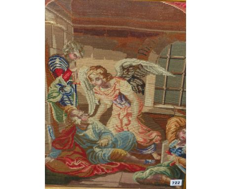 A VICTORIAN NEEDLEPOINT PANEL OF AN ANGEL AND OTHER FIGURES WITHIN AN ARCHITECTURAL SETTING.  54 x 41cms.