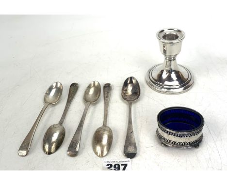 Silver items - 5 silver teaspoons, total w: 3.7 ozt, silver mustard pot w: 0.5 ozt with blue liner, filled silver candlestick