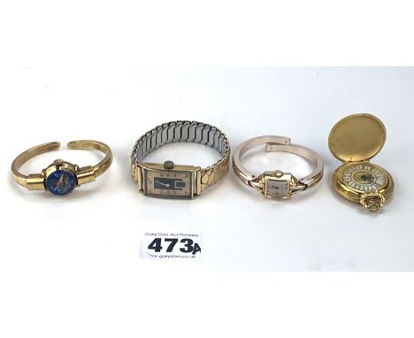 4 ladies watches - Ristlex plated bangle watch, Dulux plated bangle watch with enamelled cover, Nacar  watch with elasticated
