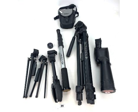 Optus scope, Miranda Pro Video 1 tripod, Optex T5 Monopod, 3 small tripods and accessories