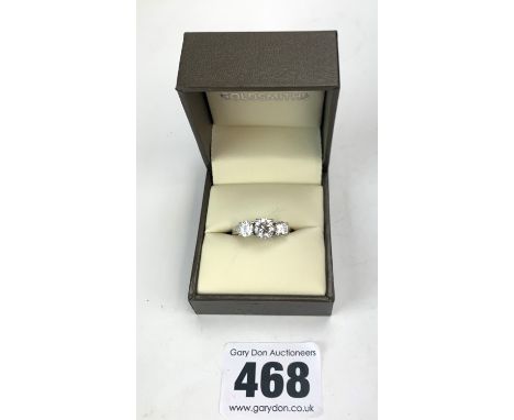 Silver ring with 3 zircon white stones, size L