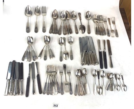 Matching silver cutlery with crest of Murray clan comprising 2 large serving spoons, serving fork, 12 large forks, 12 medium 