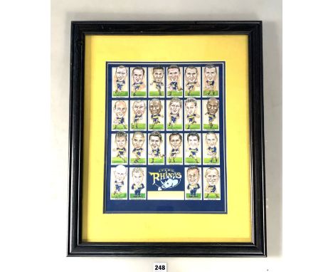 Leeds Rhinos poster of players' cards with signatures on back of frame, 18.5" x 22"