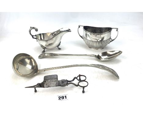 Plated ware - candle snuffer, large spoon, ladle 13" long, sugar bowl and milk jug