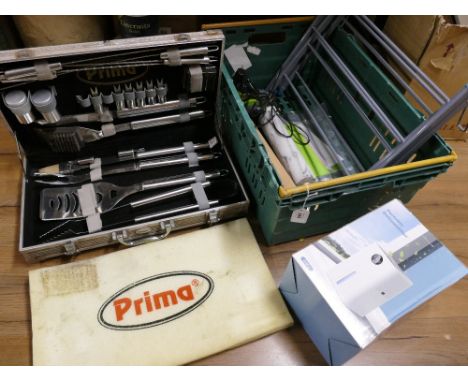 Box of portable de-humidifier, weighing scales, rolling pins, Prima BBQ set in case etc