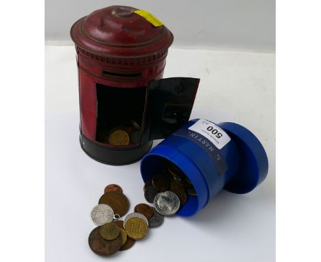 Vintage GR post box, money tin containing vintage coins and a loose tub of coins
