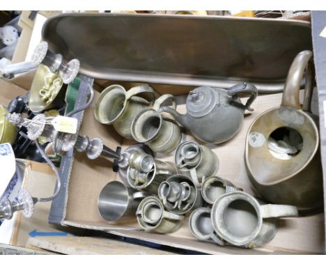 Box of antique pewter tankards, copper jug and tray and candelabra