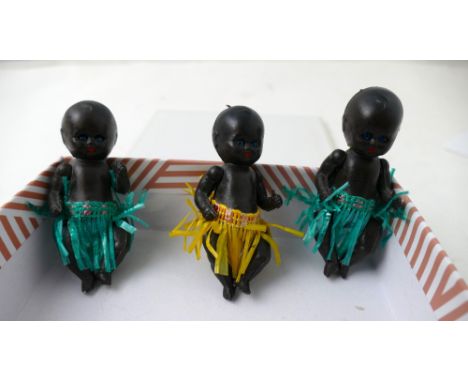 Three vintage black Feletti 1960's plastic 8 cm high dolls
