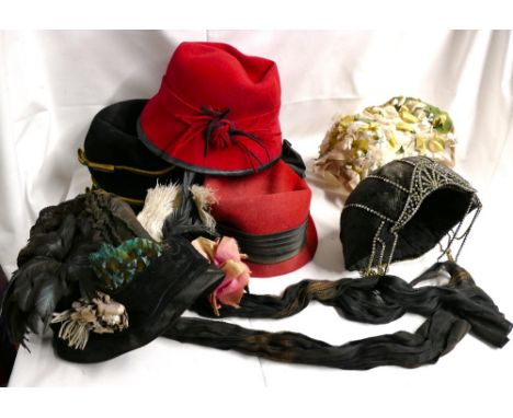 Six antique ladies hats including 1920's flapper cloche/bucket hats, diamante skull cap, Victorian feather and flower embelli