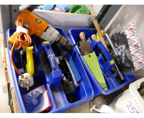 Two storage trays of tools - drill, plane, hammers etc