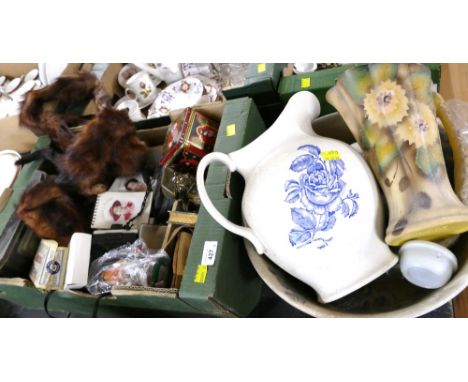 Box of fur stoles, vintage cameras, clock wash jug and bowl mismatched set etc