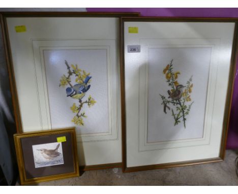 Two bird tapestry pictures and a smaller picture of Jenny Wren by Jean Stuart