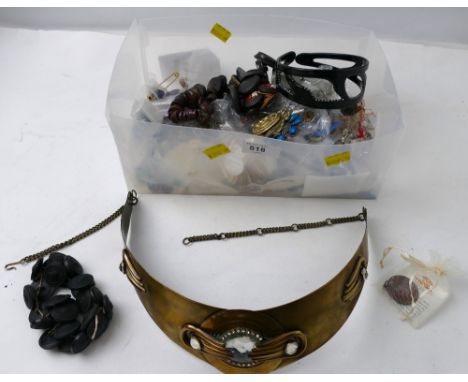 Wide brass Art Deco ladies belt, decorated with clear stones and box of vintage buttons, pendants, badges, headband etc