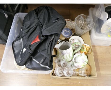 Two boxes of part tea sets, ceramics, jugs, glassware and bag