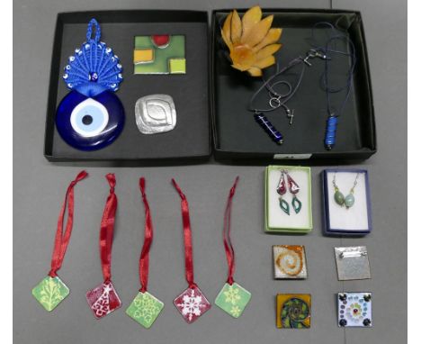 Quantity of handmade enamel jewellery including earrings, brooches, pendant necklaces and Christmas tree ornaments.