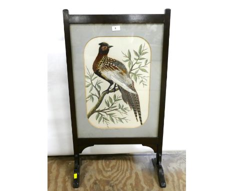 Stained hardwood firescreen with mixed media bird feather and watercolour pheasant insert. 91cm x 50cm