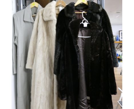 Three ladies fur and faux fur jackets, ladies long length grey leather overcoat