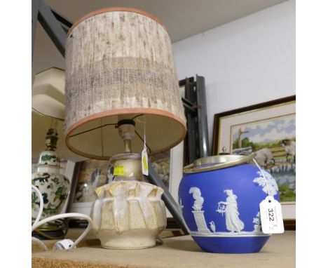 Wedgwood Jasperware biscuit barrel and a Sussex studio pottery lamp