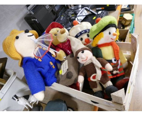 Crate of vintage Teddies and hand knitted bears, Paddington, scarecrow etc
