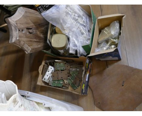 Two boxes of hinges, brass fittings, screws, tools, curtain clips etc