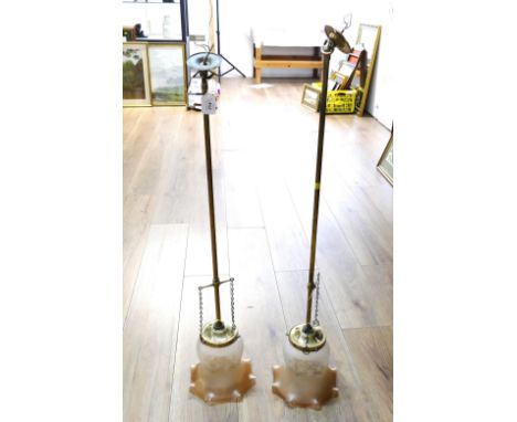 Pair of antique style ceiling hung brass light fittings with glass etched shades 90 cm