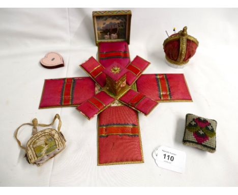5 Antique novelty pincushions including E20thC foldout needlebox decorated with portraits of ladies, porcelain crown formed p