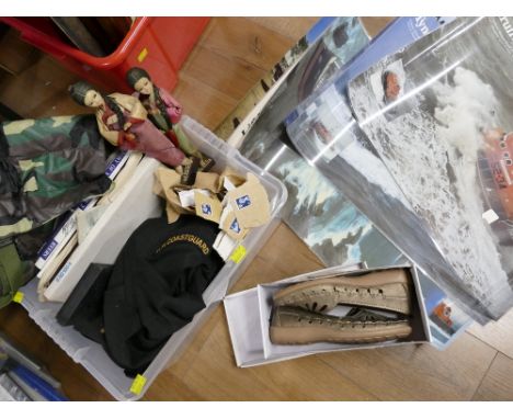 Box of books, Coastguard vintage jacket, loose stamps, lifeboat posters, boxed ladies shoes Size 5