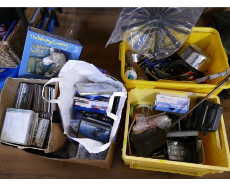 Three boxes of DVD's, CD's Wonky donkey book, tools etc