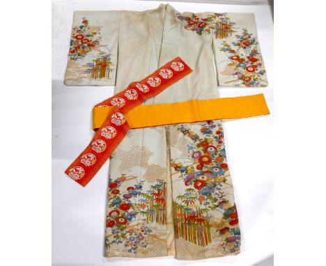 Cream Kimono with floral design and a wide yellow and orange belt / tie (some staining to Kimono)