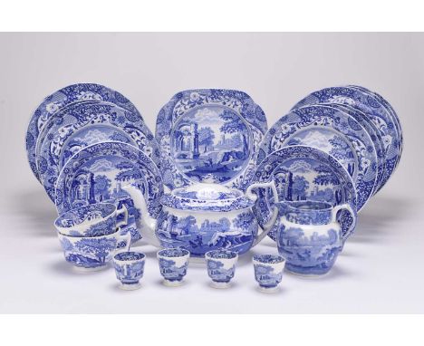 A collection of Spode Italian blue and white tea and dinner wares, including teapot and cover, small jug, four egg cups, pair