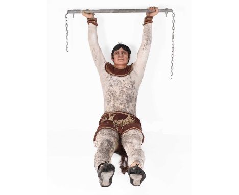 A mid 20th century mannequin trapeze artist, ex. Blackpool fairgroundWearing an off white long sleeved unitard (heavily stain