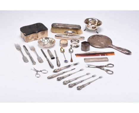A collection of silver wares, comprising; a silver mounted jewellery box with pin cushion cover, 13cm wide, a silver sugar bo