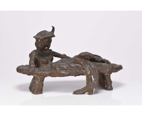 After Donat, reclining female figure with hat, bronze20th century, stylistically modelled, the figure resting on a bed form, 