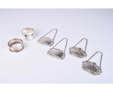 A harlequin set of four silver decanter labels, J B Chatterley &amp; Sons Ltd, Birmingham 1966-1968, together with two cased 
