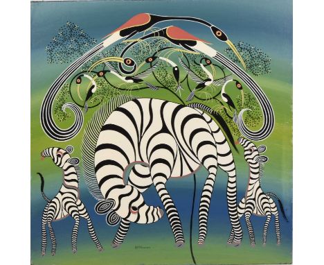 Mbwana Sudi (Tanzanian 1960-2014) Zebra family surrounded by birds in a tree, Tingatinga school, acrylic on board, signed low