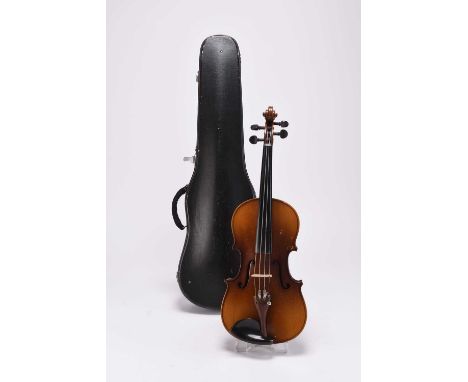 A mid/late 20th century violinProbably Chinese, back 335mm, scale 305mm (3/4), with unsigned bow, hard case and associated mu